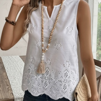 Elegant Hollow-Out Embroidered V-Neck Sleeveless Top With Fan-Shaped Lace Trim For… — image 1
