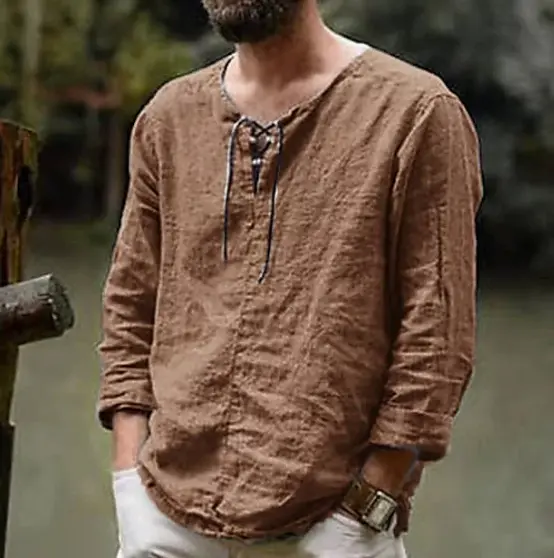 Men's solid color trendy cotton and linen top