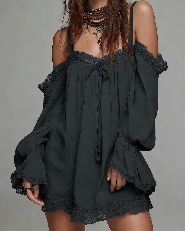 Lace-trimmed Off-shoulder Puff Sleeve Loose Short Dress