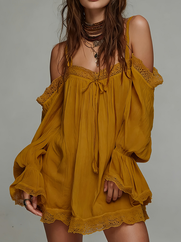 Lace-trimmed Off-shoulder Puff Sleeve Loose Short Dress