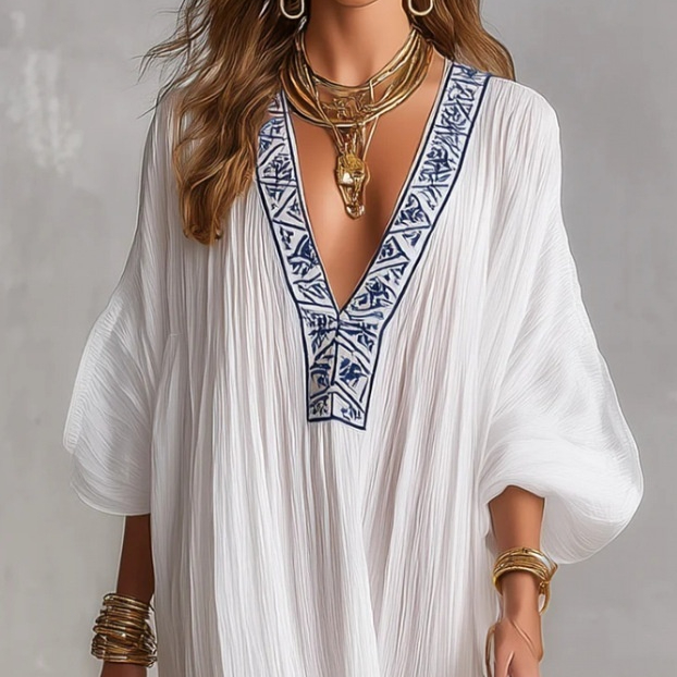 Kaftan Dress With A Printed Collar Three-quarter-length Sleeves