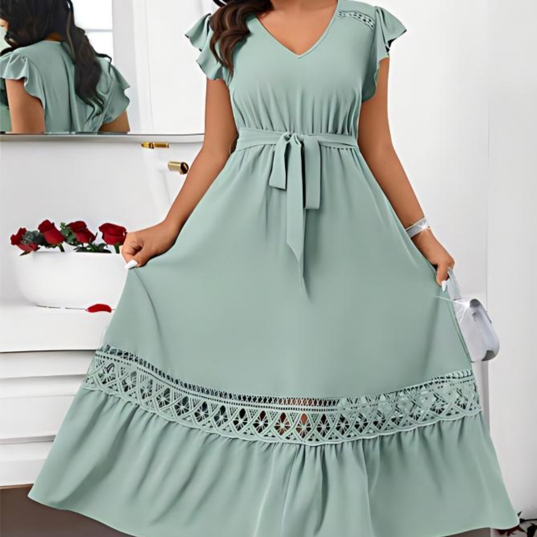 V-neck Womens Solid-Colored Lace-Patchwork Short-Sleeve Dress