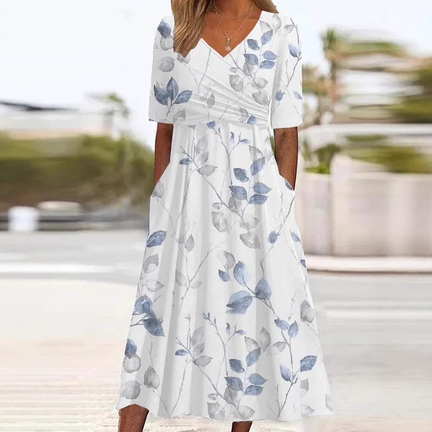 V-neck Short-sleeve Belted Maxi Dress With Pockets
