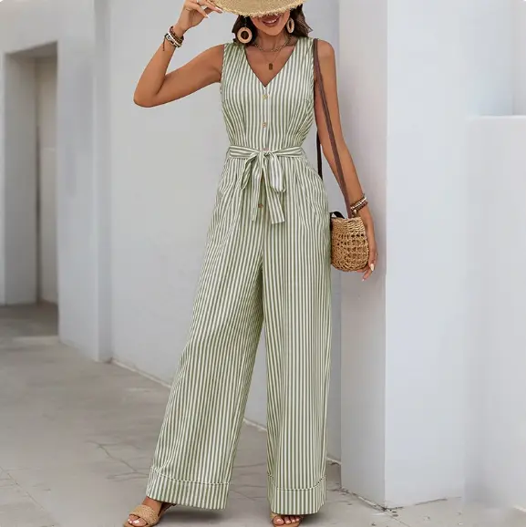 Women's Cotton-Look Sleeveless V-Neck Striped Jumpsuit