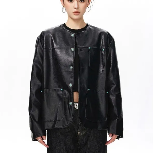 Womens Black Alligator-Print Collarless Leather Jacket