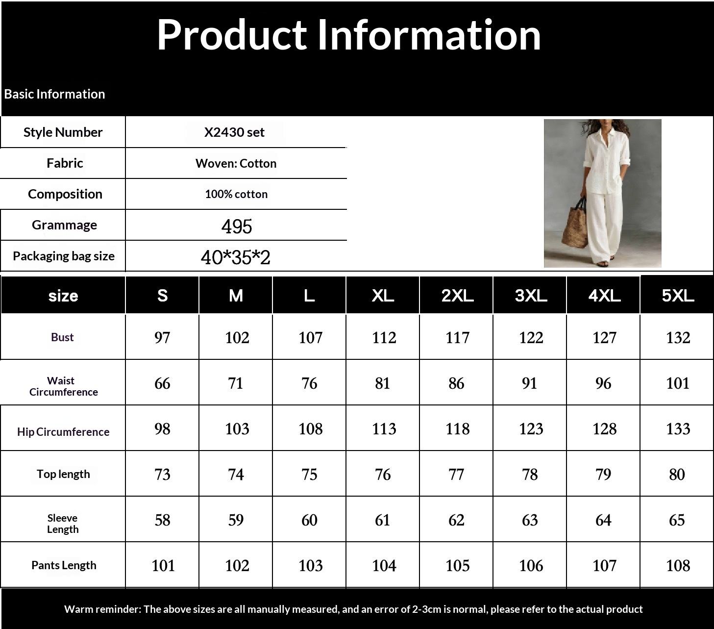 Women's Bohemian Cotton-Linen Top and Pants Set – size chart and measurements