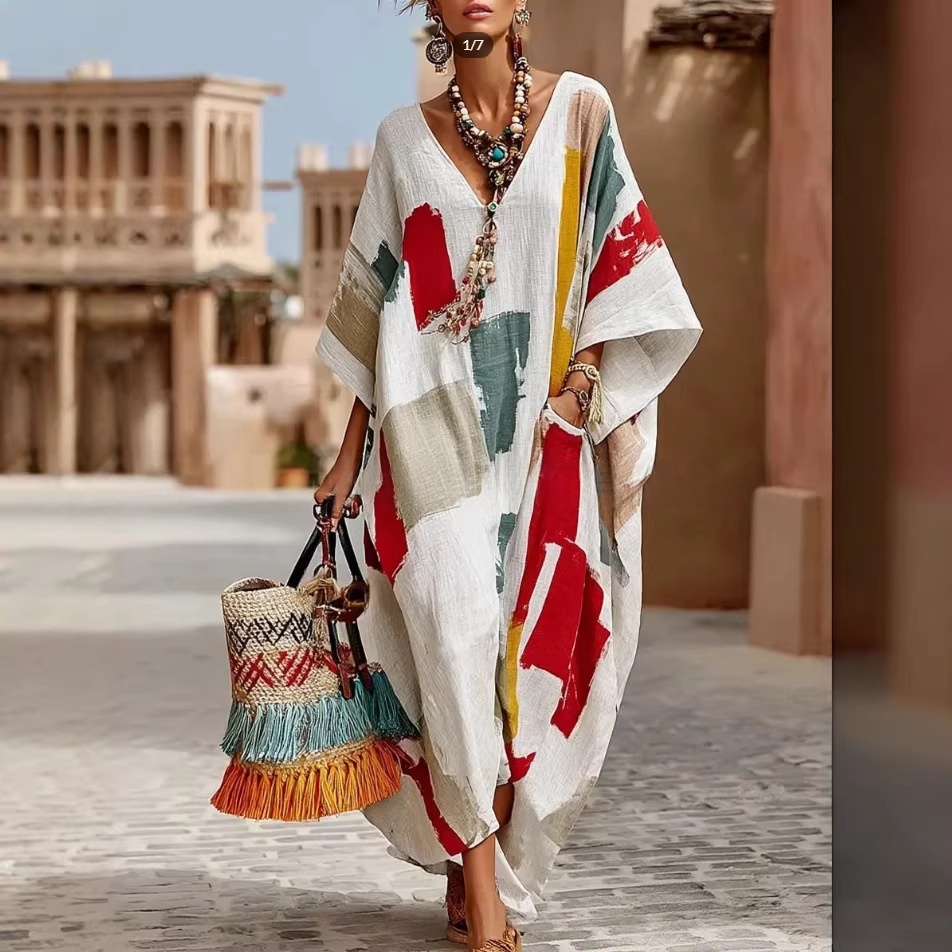 Abstract Print V-Neck Casual Loose Dress