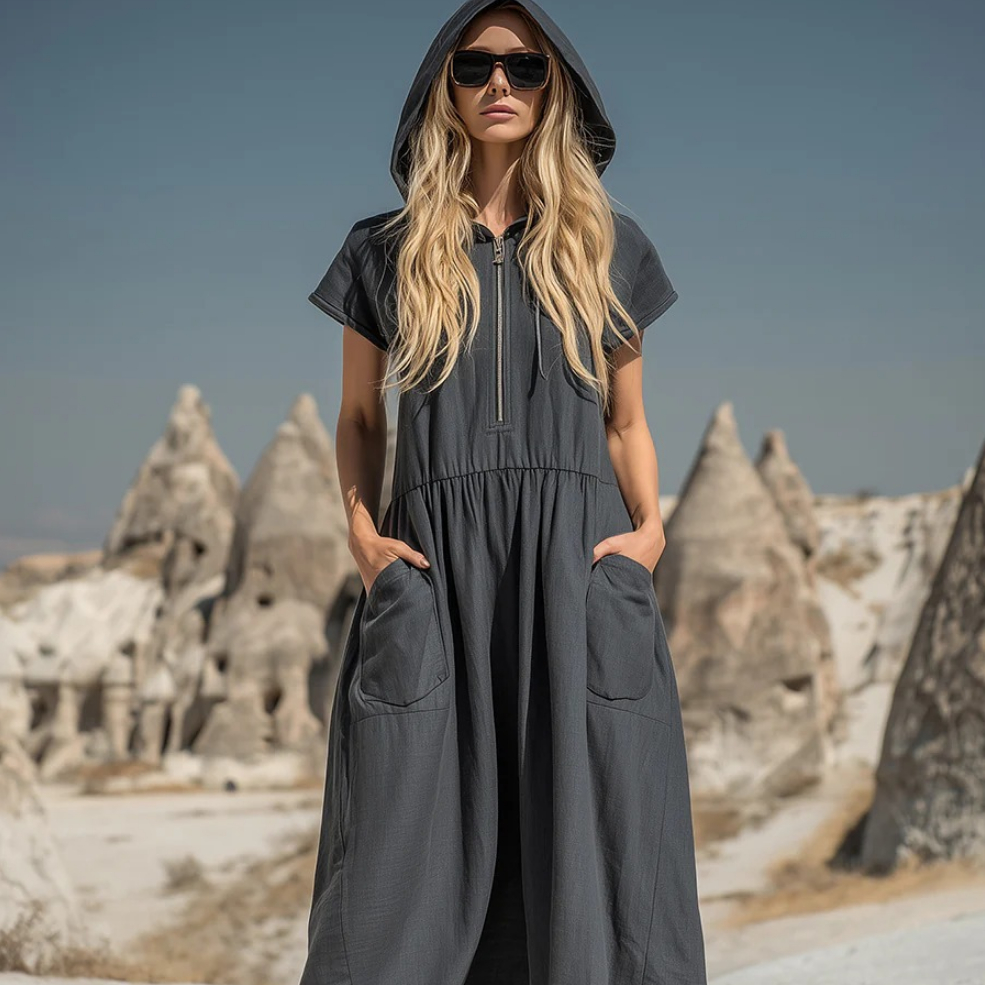 Hooded Half-Zip Mid-Length Dress