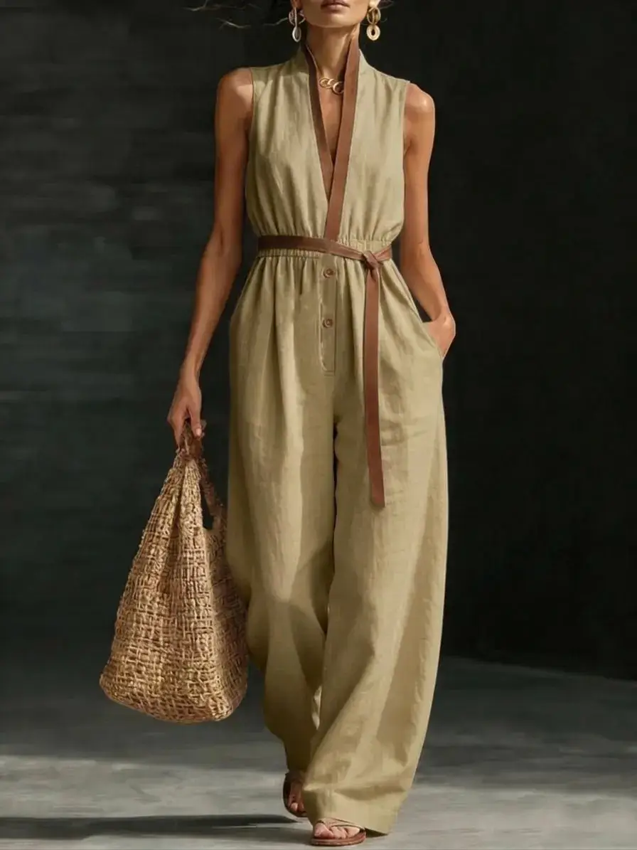 V-neck Fashionable Womens Sleeveless Jumpsuit