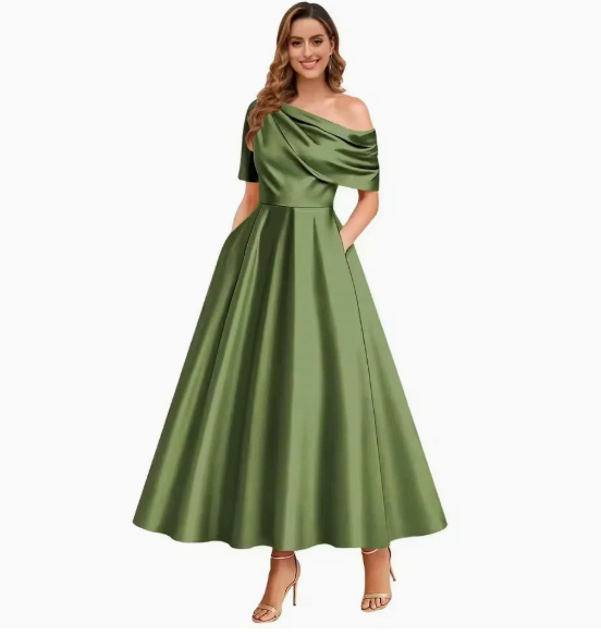 New Elegant And Sophisticated Satin Off-Shoulder Solid Color Dress 13