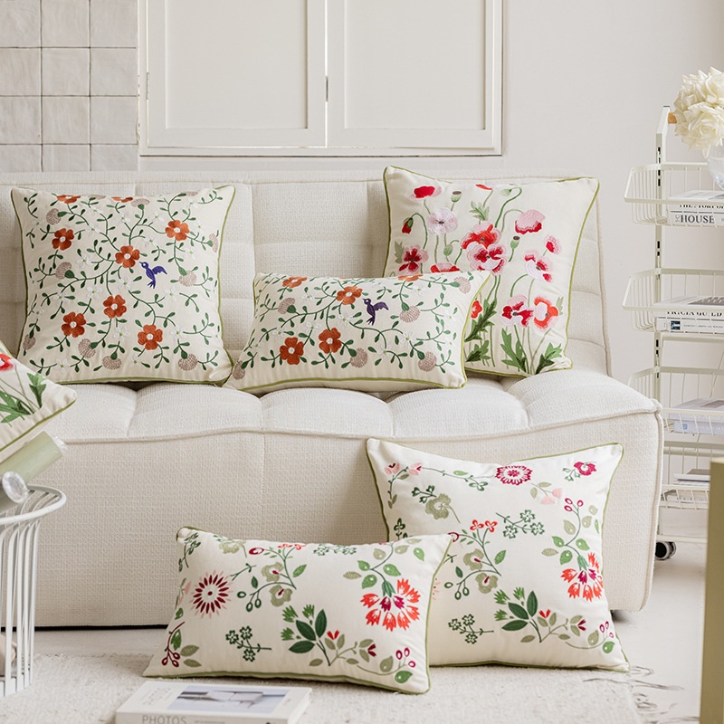 American-style Botanical Floral Embroidery Throw Pillowcushion