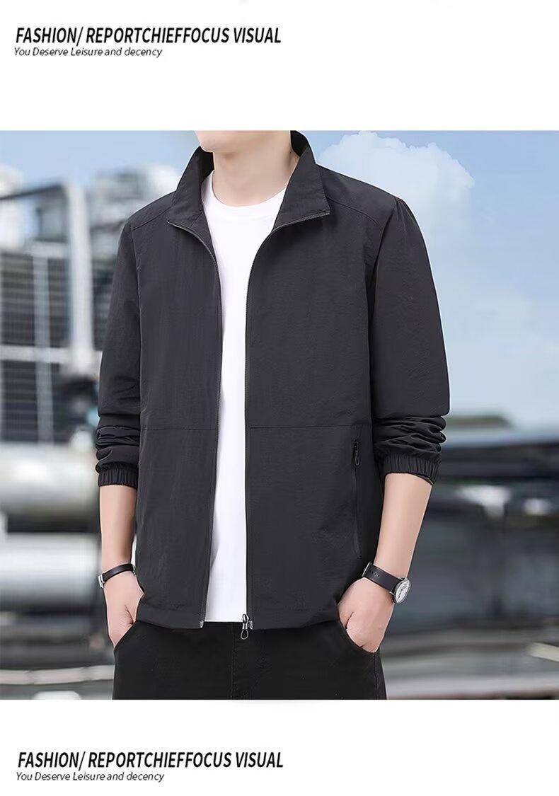 Lightweight Polyester Men’s Stand-Up Collar Jacket, Thin Lightweight Polyester Men’s Stand-Up Collar Jacket, Thin