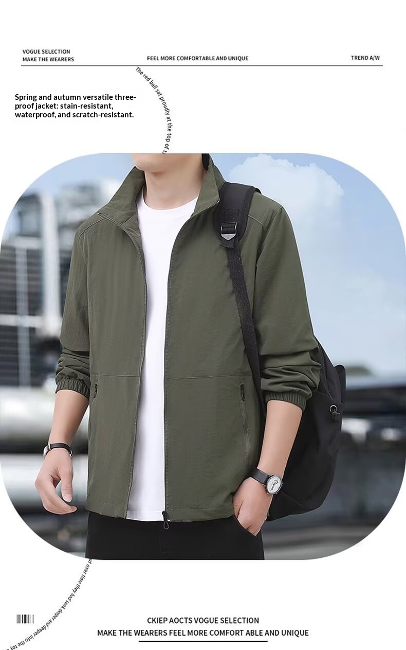 Lightweight Polyester Men’s Stand-Up Collar Jacket, Thin Lightweight Polyester Men’s Stand-Up Collar Jacket, Thin