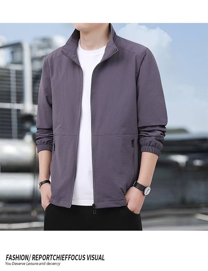 Lightweight Polyester Men’s Stand-Up Collar Jacket, Thin Lightweight Polyester Men’s Stand-Up Collar Jacket, Thin