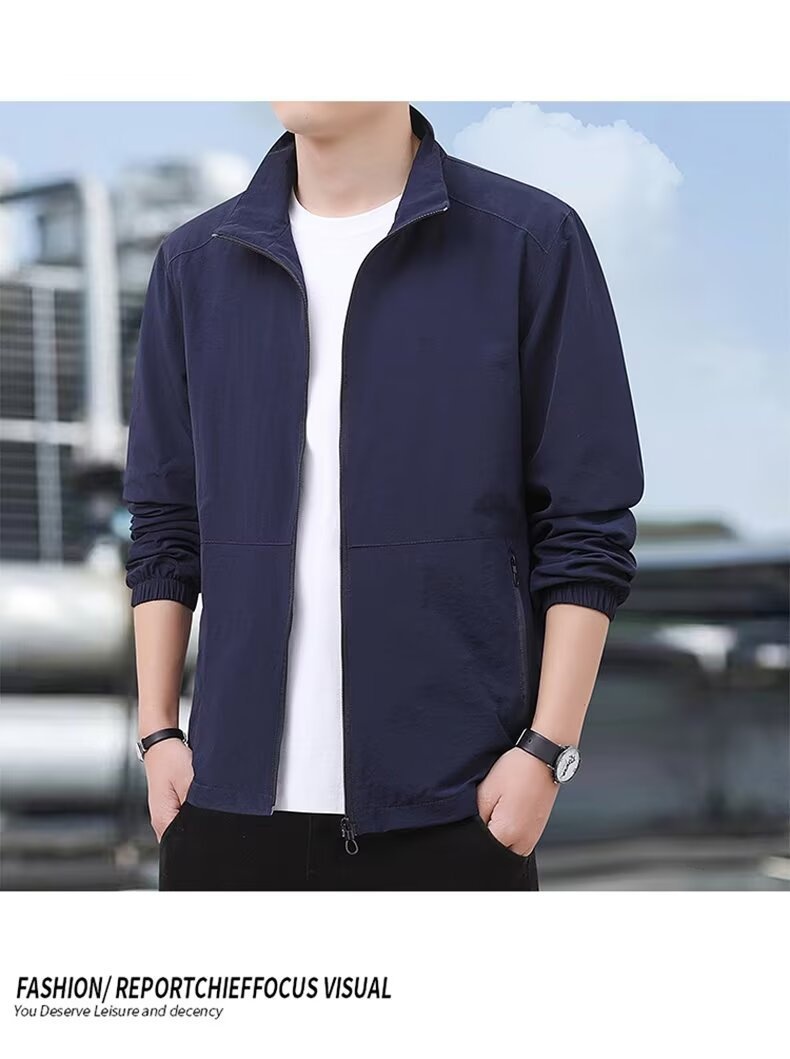 Lightweight Polyester Men’s Stand-Up Collar Jacket, Thin Lightweight Polyester Men’s Stand-Up Collar Jacket, Thin