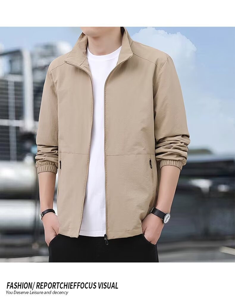 Lightweight Polyester Men’s Stand-Up Collar Jacket, Thin Lightweight Polyester Men’s Stand-Up Collar Jacket, Thin