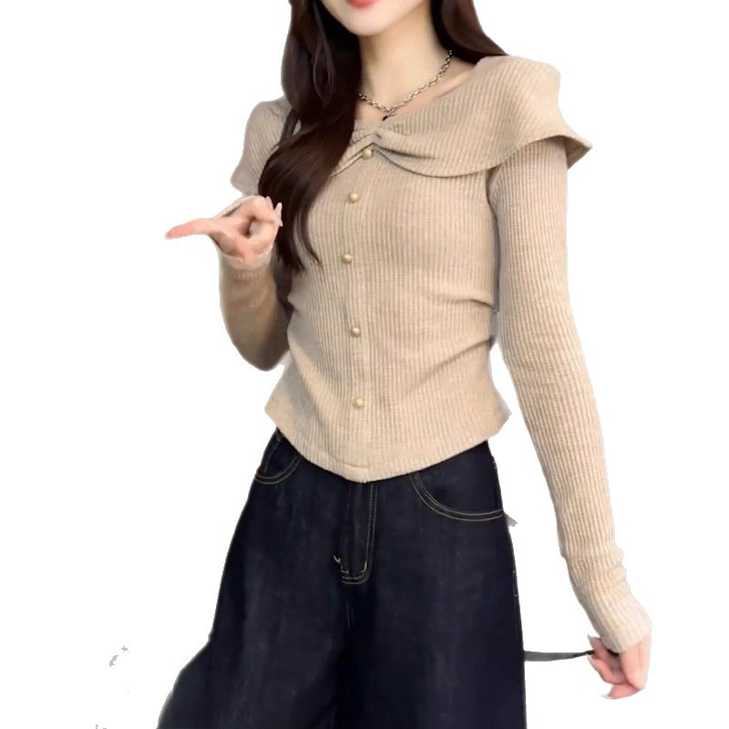 Elegant French Pleated Ruffle Long Sleeve Top - Khaki Elegant French Pleated Ruffle Long Sleeve Top - Khaki