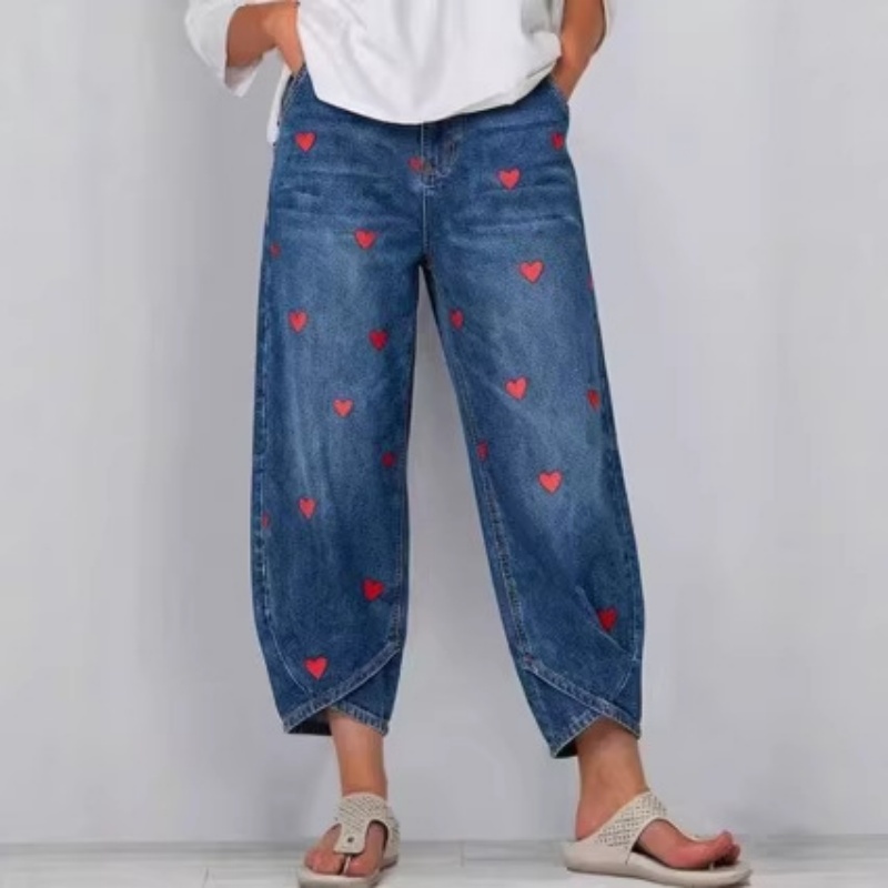 Women's Washed Denim Jeans With Heart Print