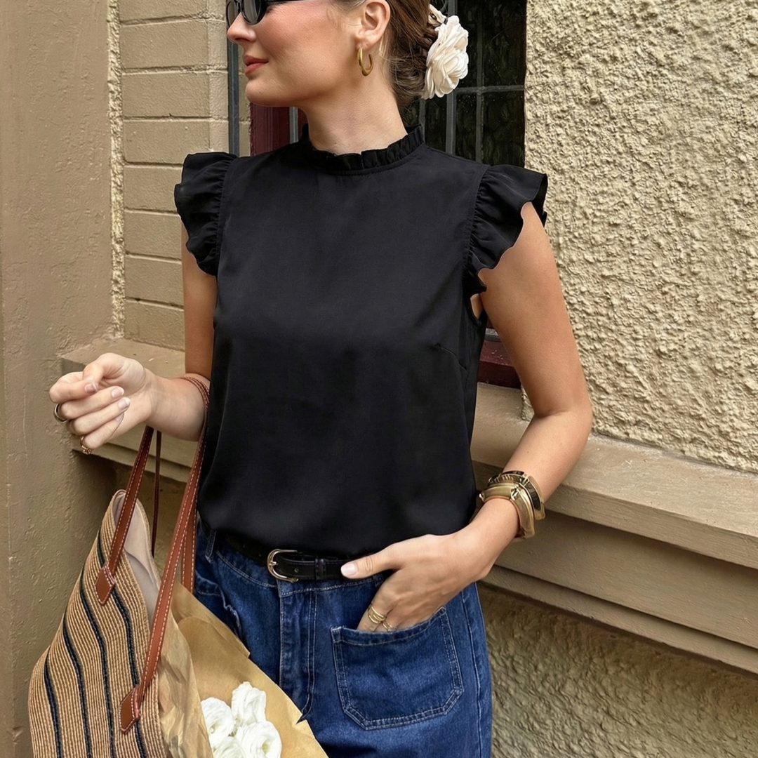Women's French-style Ruffle-trimmed Stand Collar Flounce-sleeveless Top