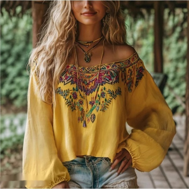 بلوزة نسائية بأكمام طويلة وتصميم ريترو بكتف مكشوف