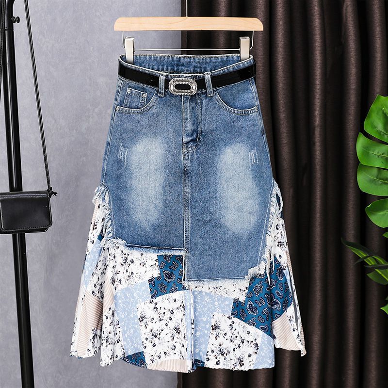 Patchwork Cotton Denim Skirt for Women, Light Blue Patchwork Cotton Denim Skirt for Women, Light Blue