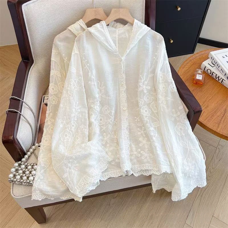 Versatile Personality-Driven Design Hooded Embroidered Crochet Long-Sleeve Shirt Top — image 1
