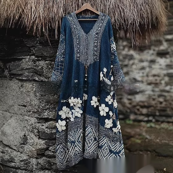 Retro Bohemian Rose Embroidered Maxi Dress