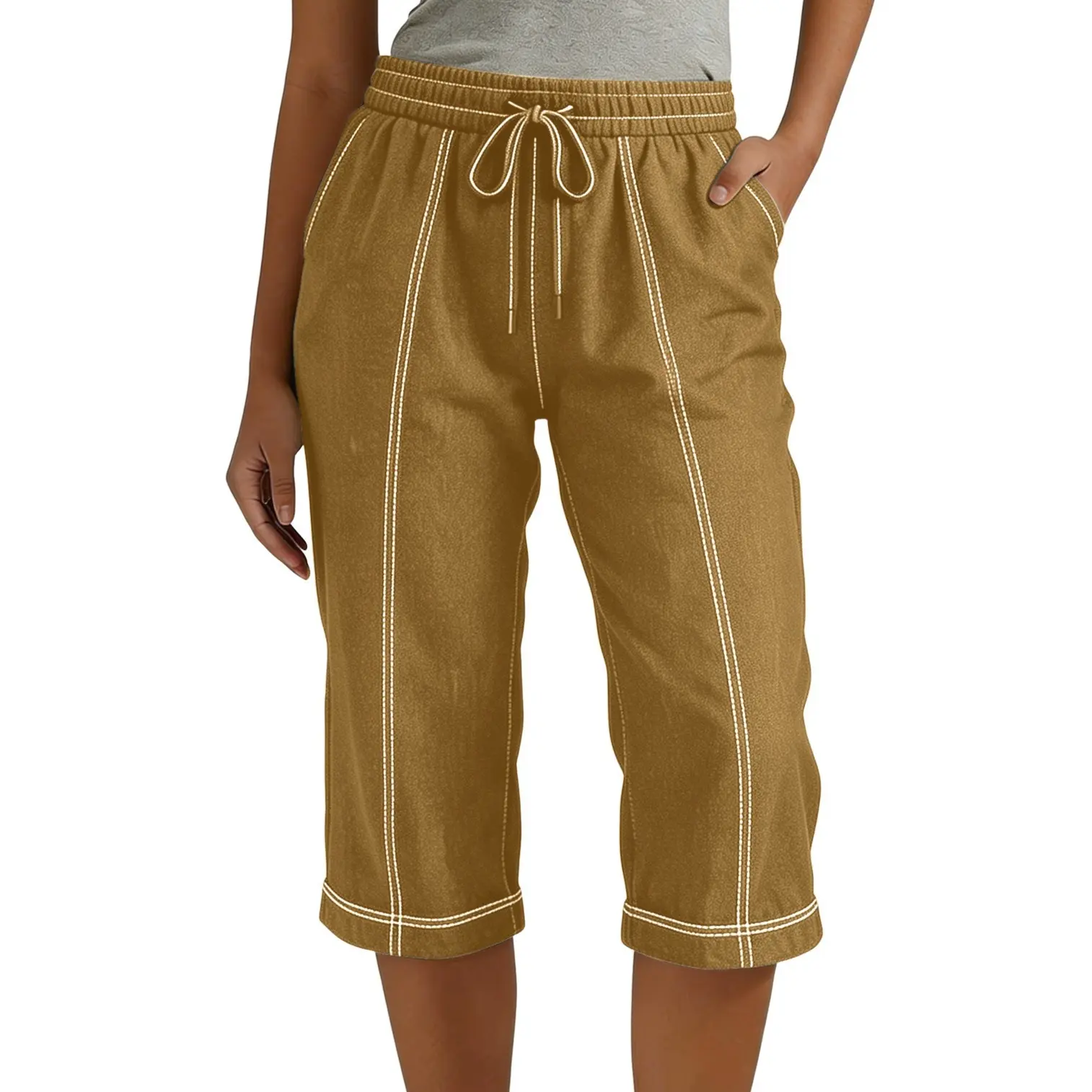 Women's Casual Solid-Colored Cropped Straight-Leg Pants With Elastic Waist