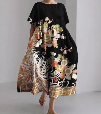 Relaxed-fit Crew-neck High-end Midi-length Printed Dress