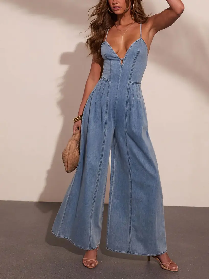 Women's Sleeveless Wide-Leg Denim Jumpsuit with High Waist