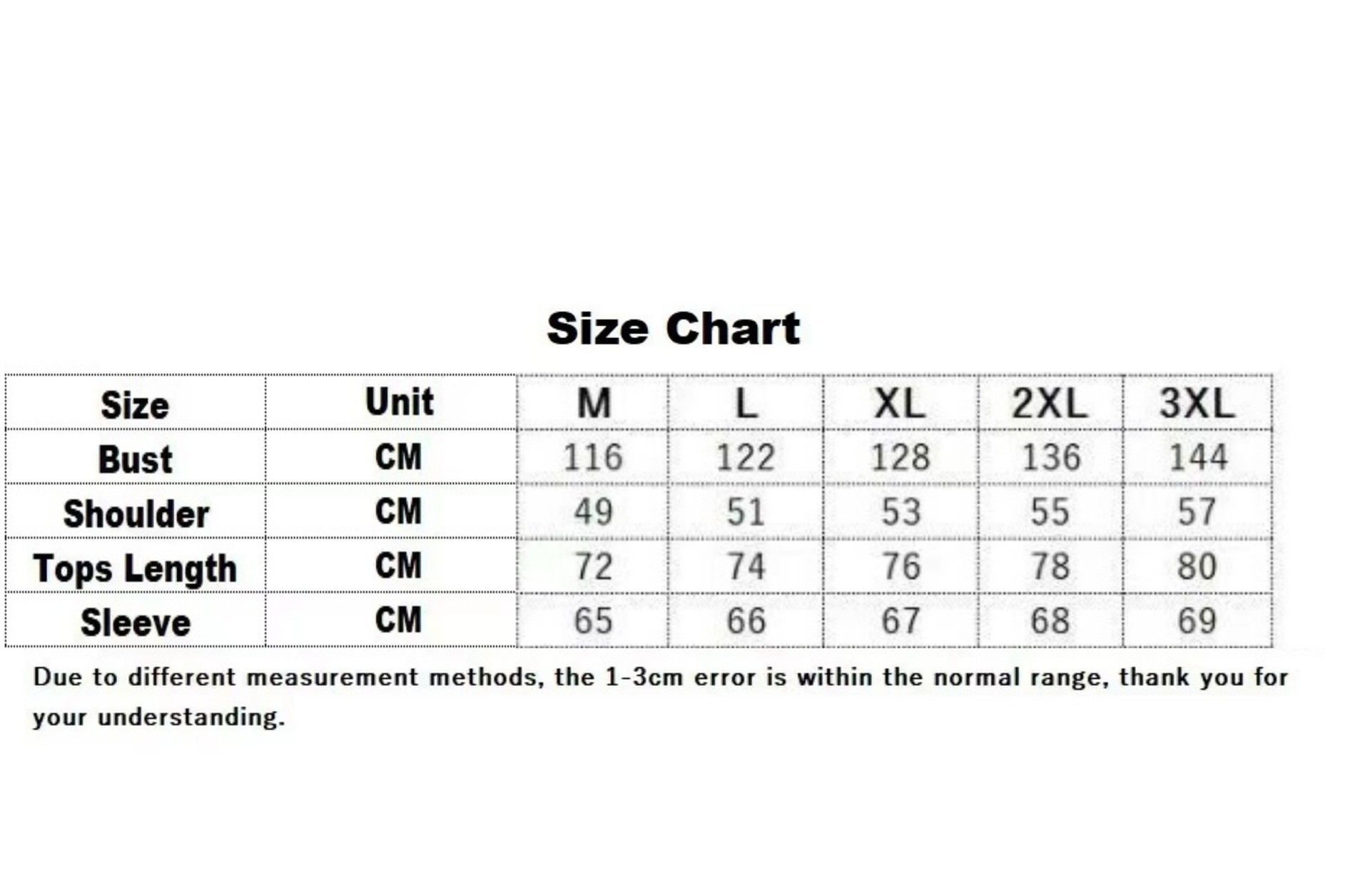 Size chart for men's half-zip hoodie