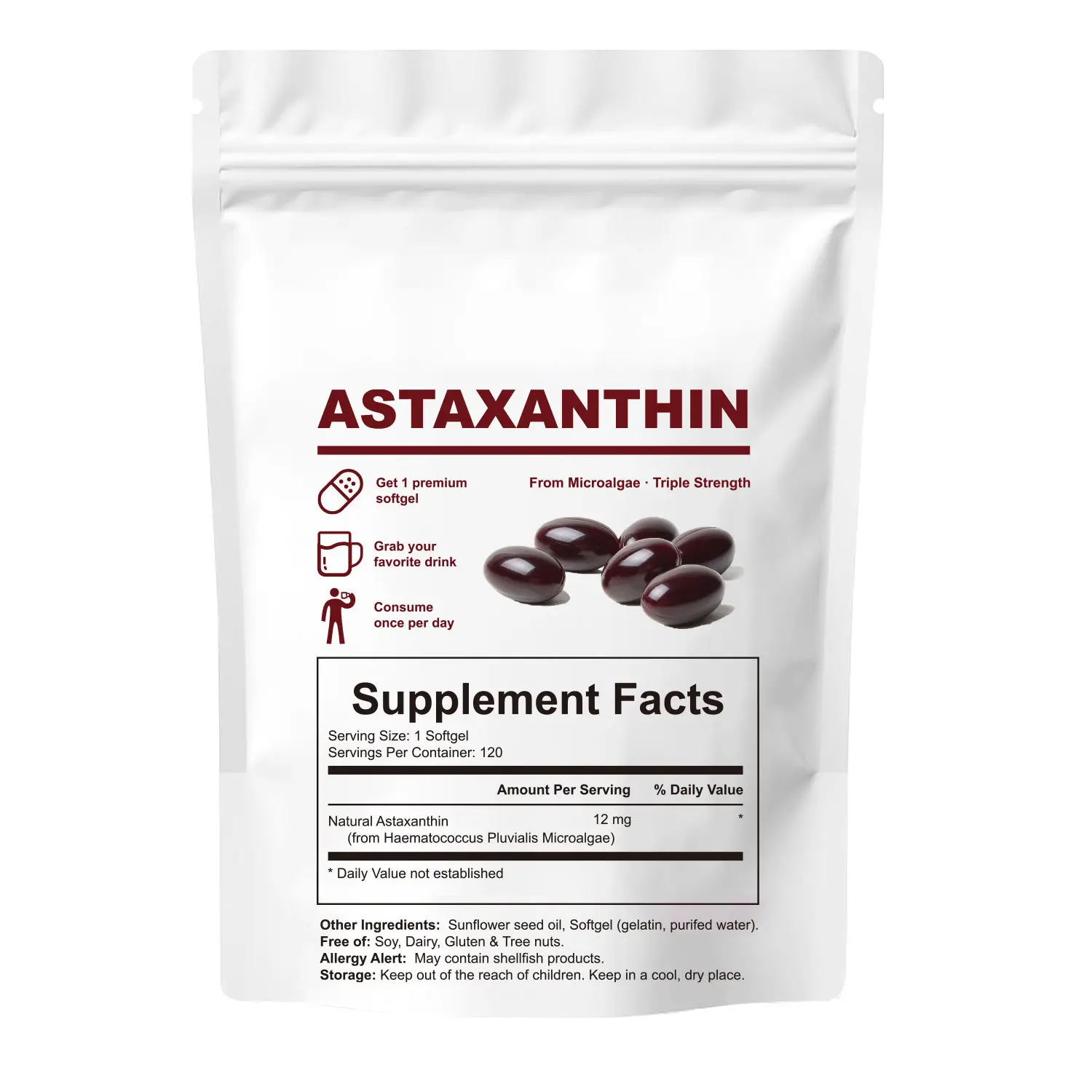 Astaxanthin 12mg Softgels - Triple Strength, From Microalgae, Antioxidant Support, Non-GMO, Gluten-Free & Dairy-Free, 120 Softgels