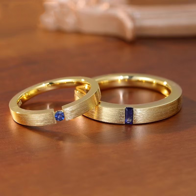 Hand-drawn And Engraved Blue Zircon Gold-plated Men's And Women's Matching Rings