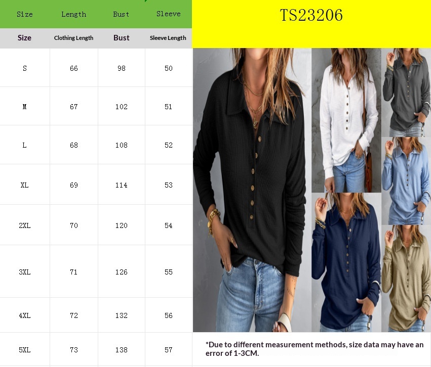 Women's loose long sleeve top size chart reference guide