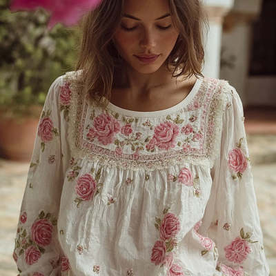 Womens Retro Crew-Neck Top With A Floral Print