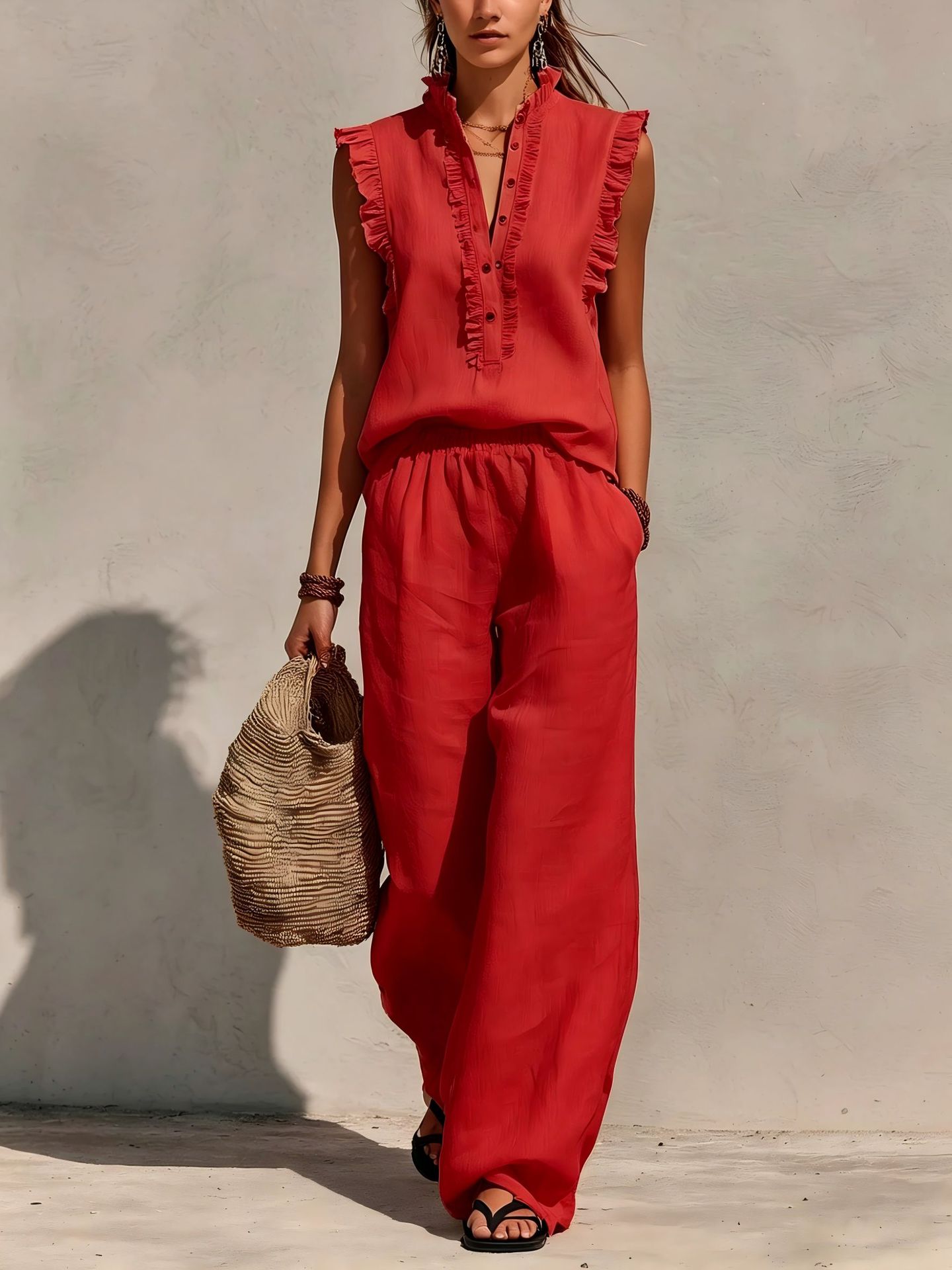 Women's ruffled two-piece set – wide-leg pants elastic waist detail