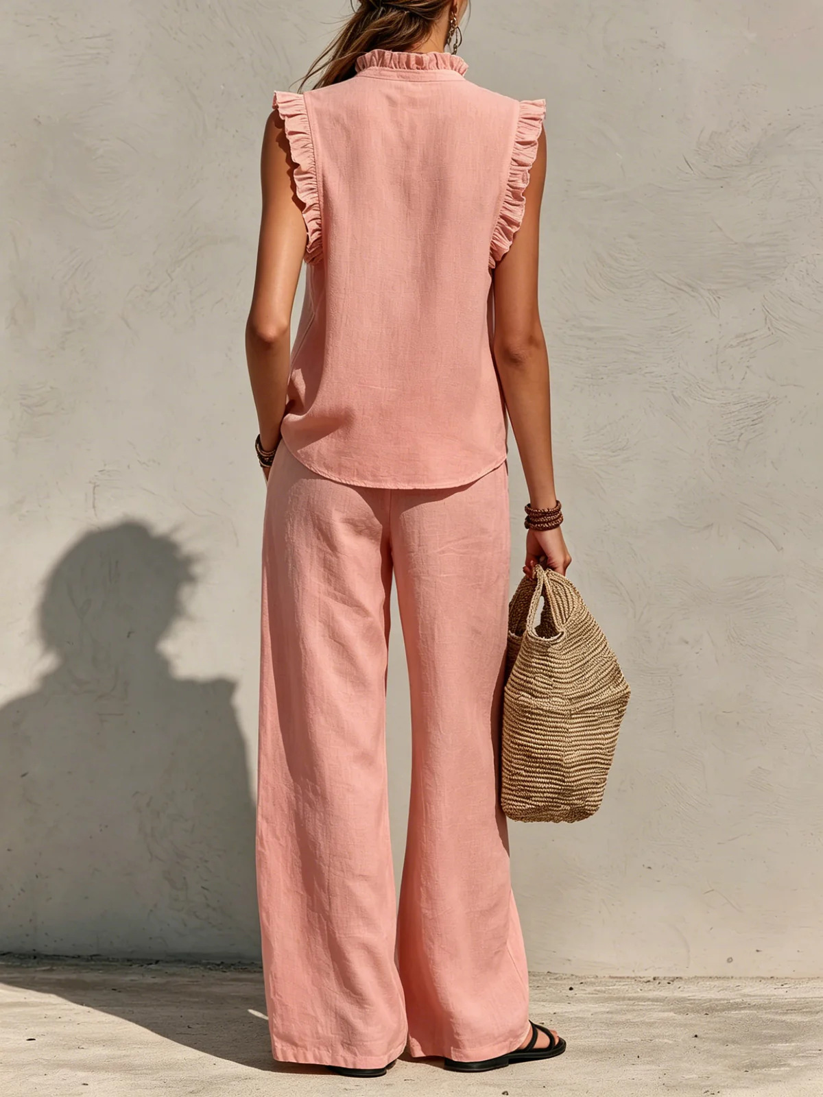 Women's ruffle V-neck set in sky blue – wide-leg pants casual chic outfit