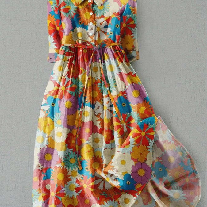 Casual Floral 3D Printed Three-Quarter Sleeve Long Dress