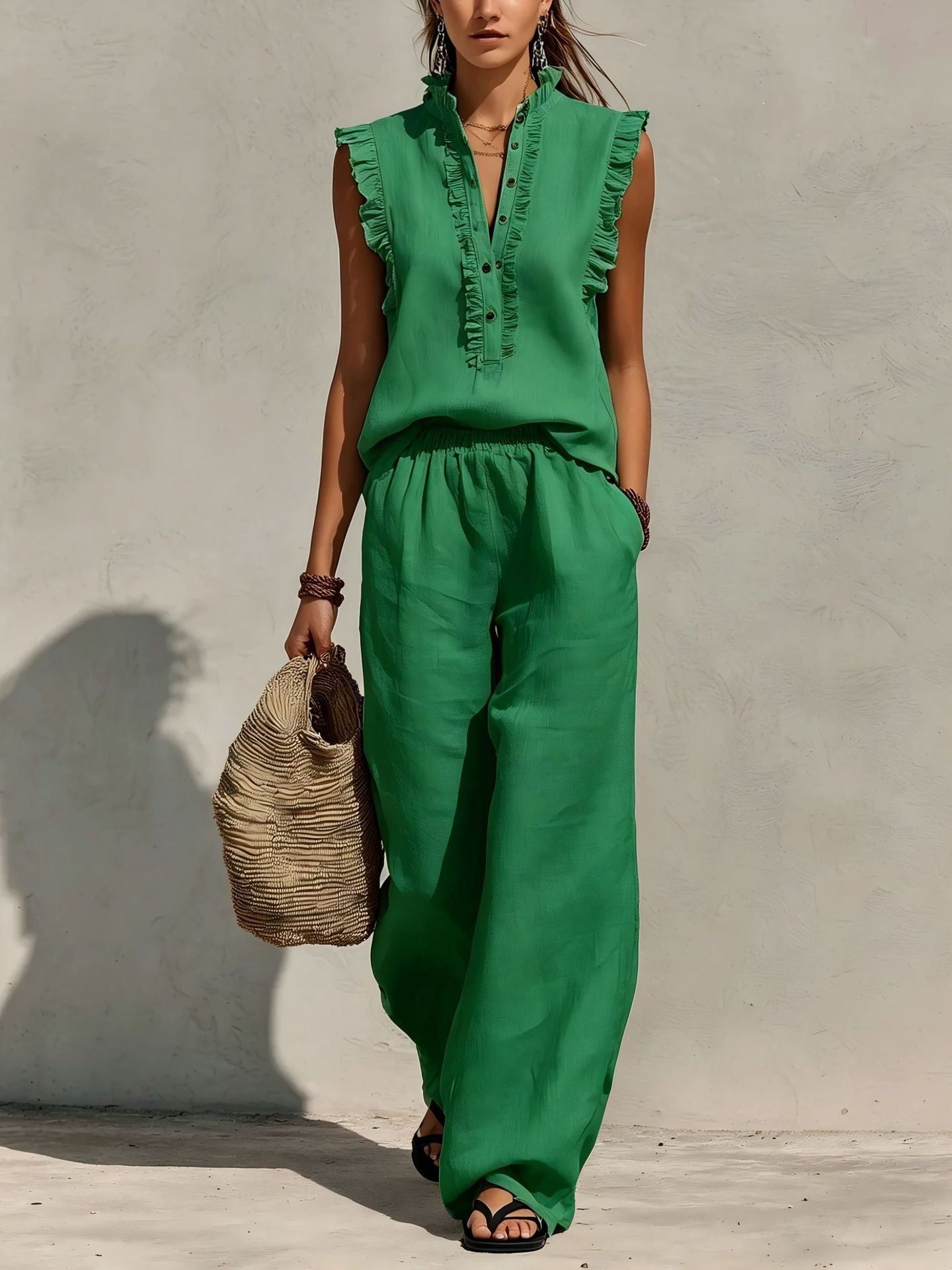 Women's sleeveless tank and wide-leg pants set – close-up of ruffle neckline detail