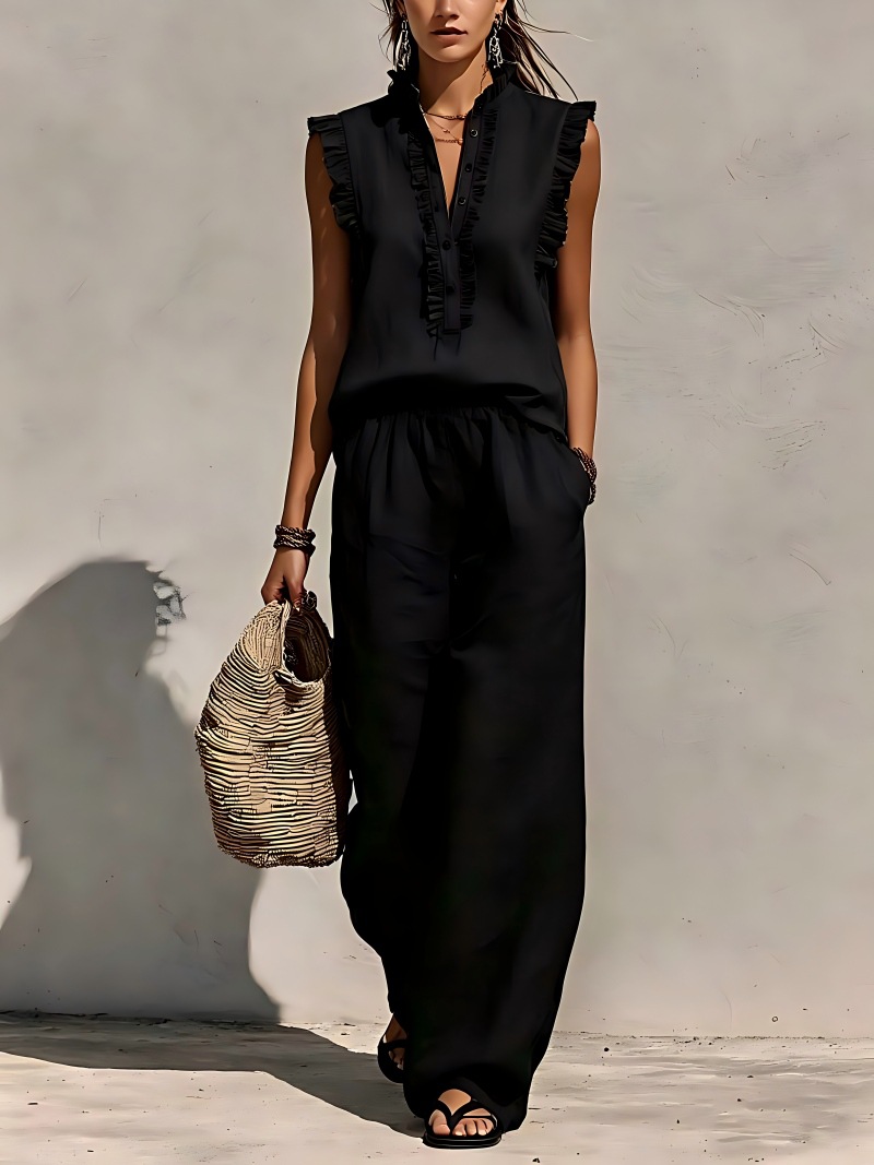 Women's V-neck ruffle tank and wide-leg pants – all color options display