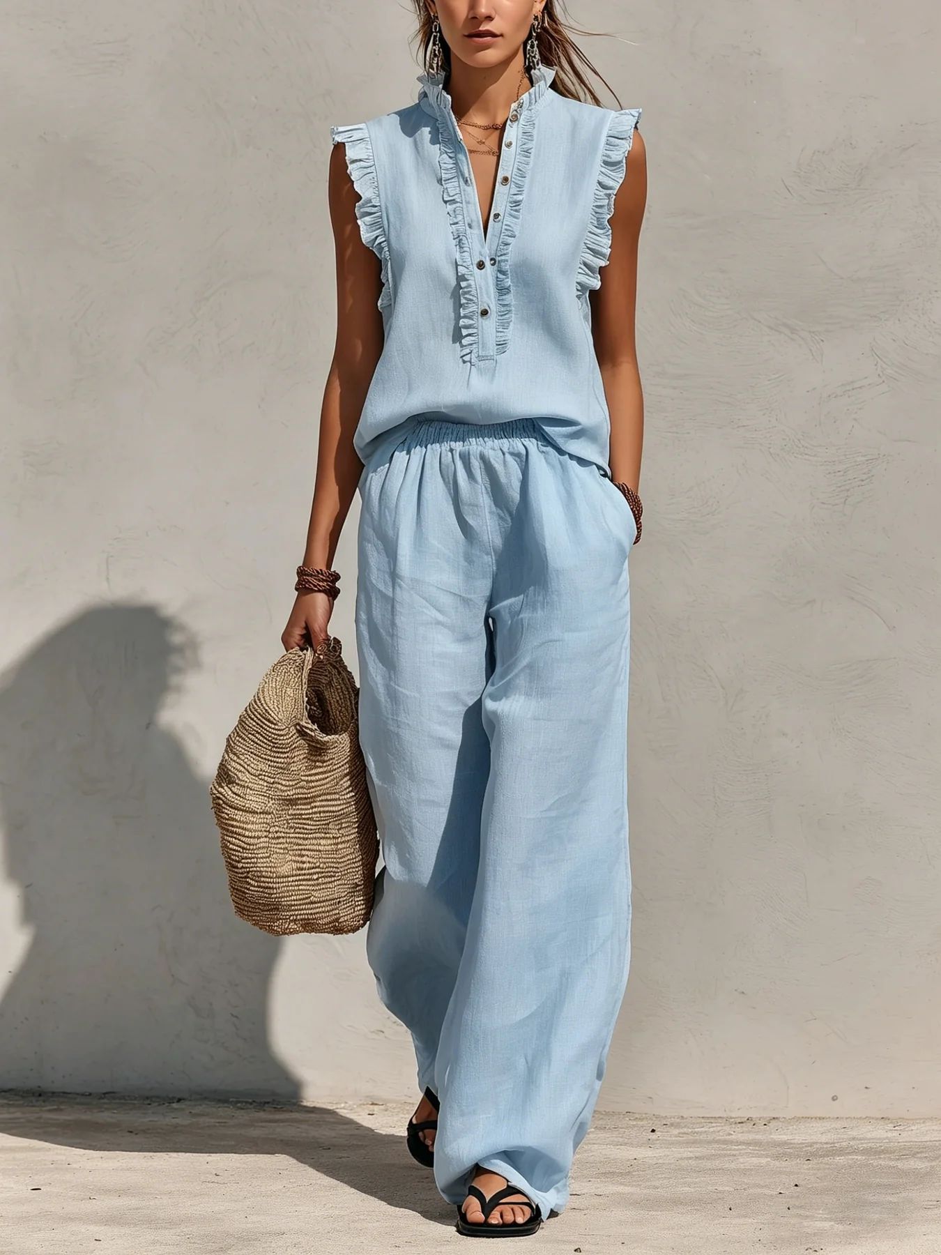 Women's V-neck ruffle top and wide-leg pants in green – two-piece casual set