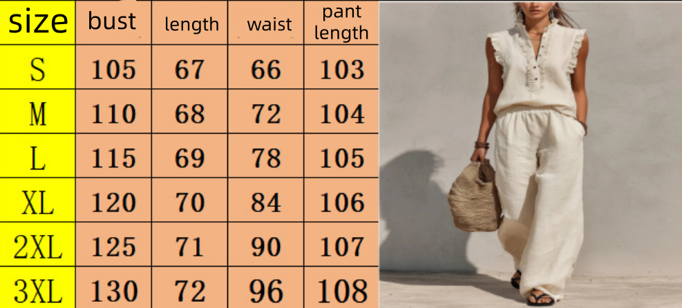 Women's ruffled tank top and wide-leg pants set size chart reference