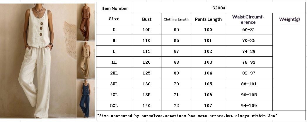 Women's cotton linen tank top and pants set size chart reference