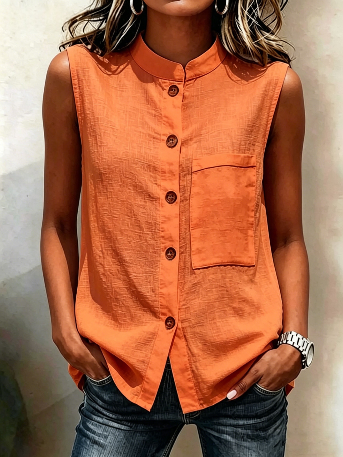 Women's sleeveless crop top in orange red – buttoned pockets casual summer style