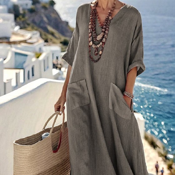 Five-point Sleeve Long Patch Pocket Kaftan Skirt