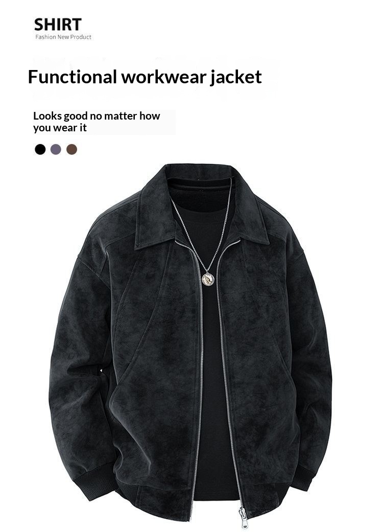 Slim Fit Suede Lapel Workwear Jacket for Young Adults Slim Fit Suede Lapel Workwear Jacket for Young Adults