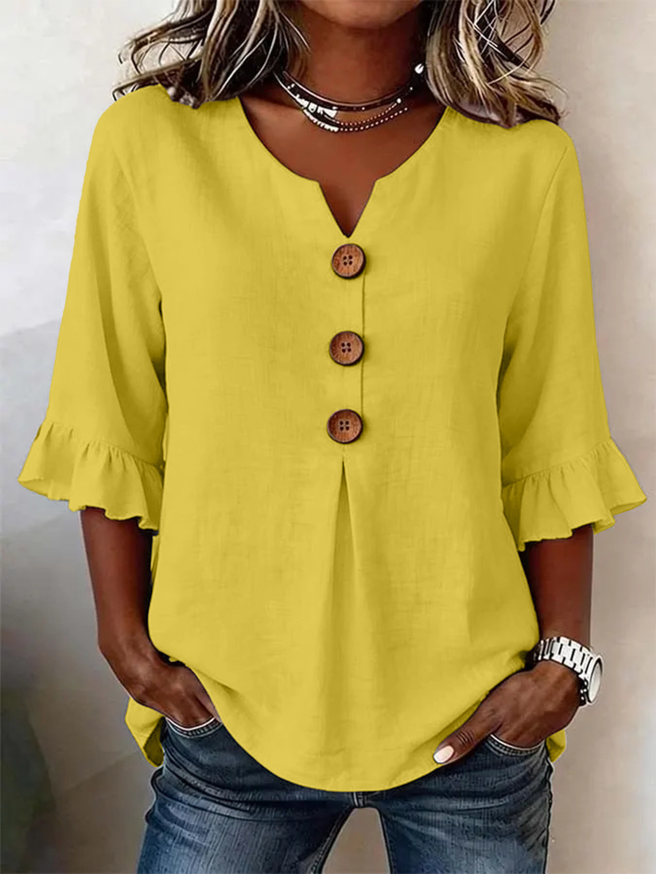 Zomerse top met ruchesmouwen, losse casual V-hals, knopen, korte mouwen, dameskleding