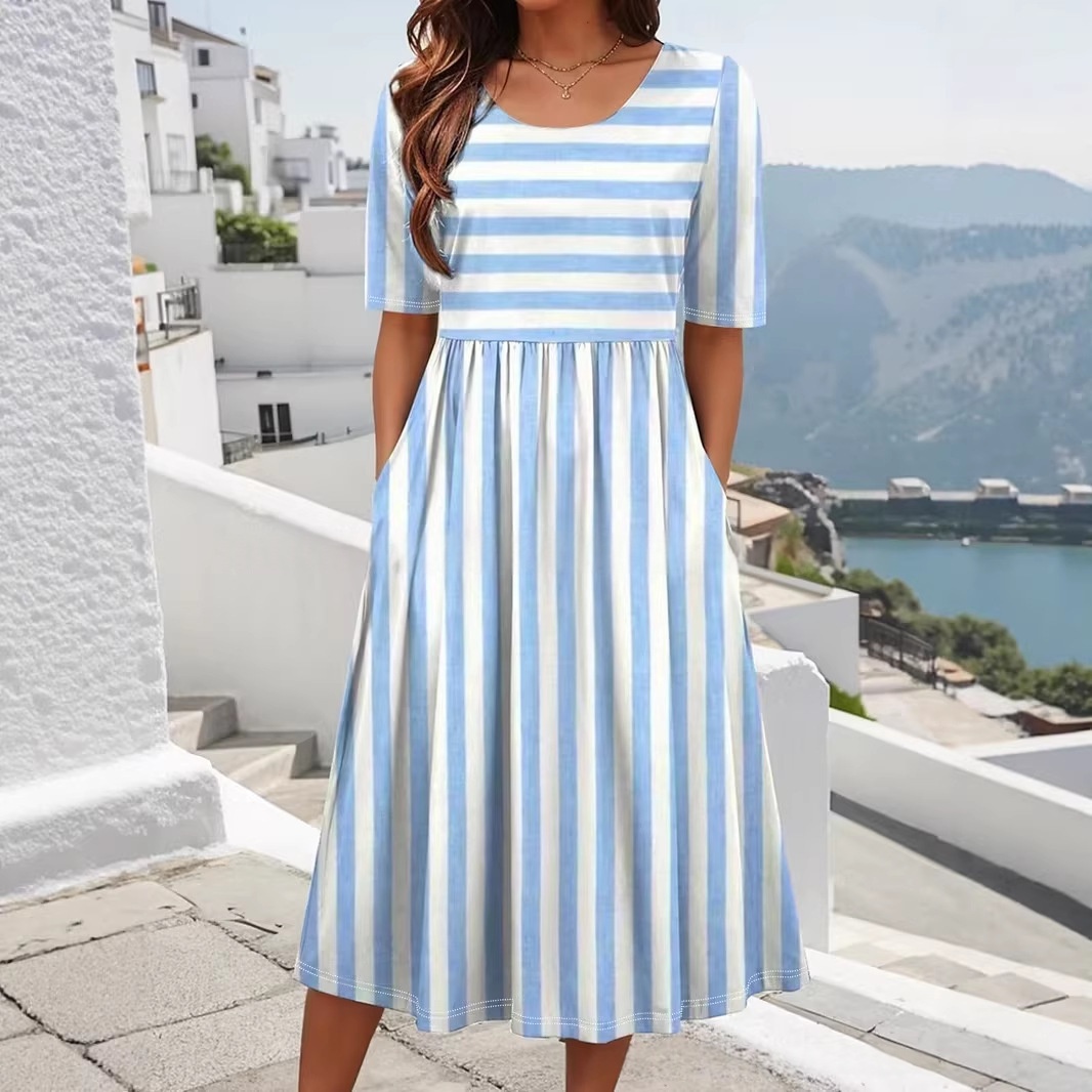 Striped Short-Sleeve Crew-Neck Printed Beach Vacation Dress