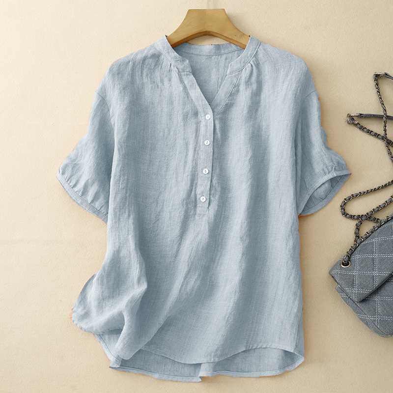 Artistic Retro Cotton-Linen Short-Sleeve Shirt with Splicing