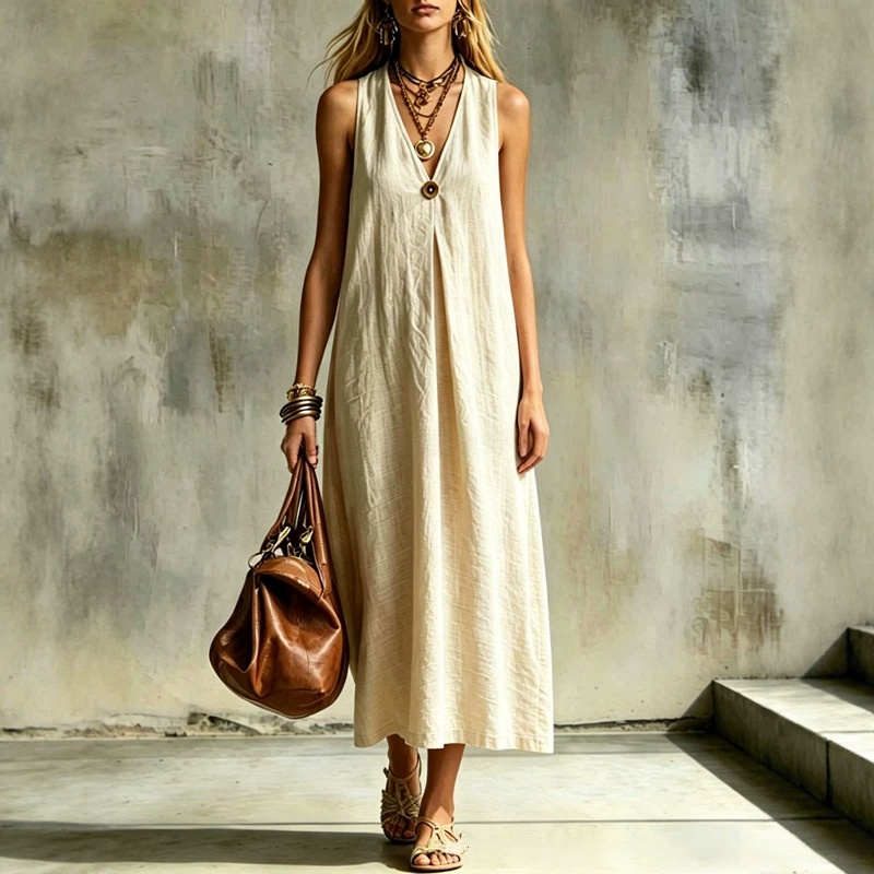 Cotton-Linen Loose V-Neck Single-Buckle Long Sleeveless Dress